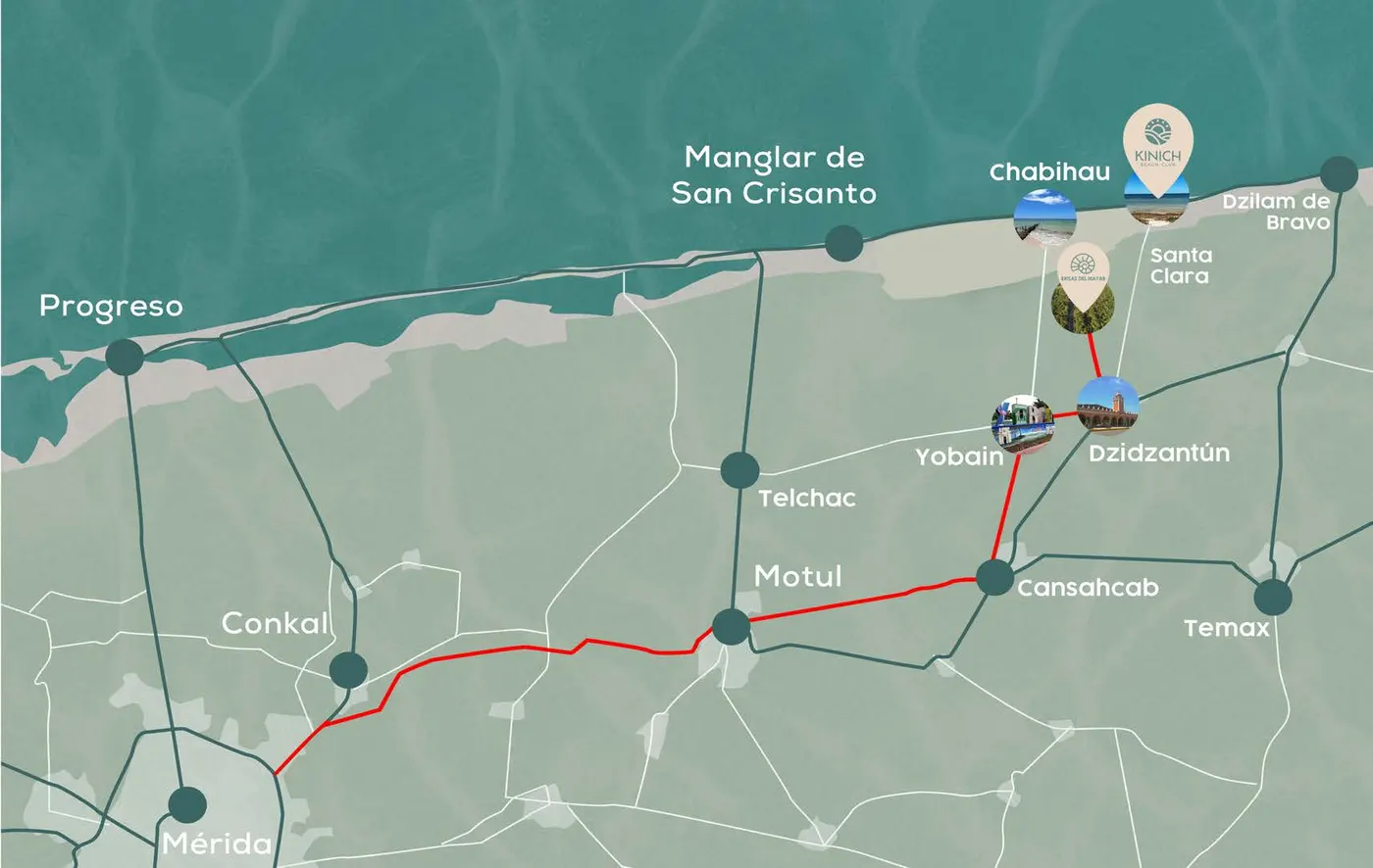 Mapa de la ruta de Mérida a Dzidzantún y la costa